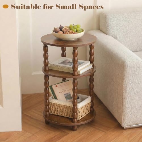3-Tier Round Side Table, Small End Table with Solid Wood Spindle Legs Brown