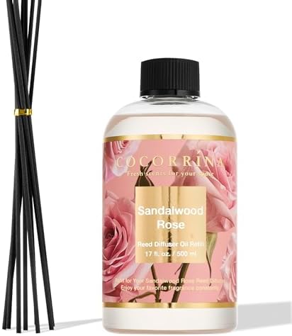 Cocorrína Reed Diffuser Refill Sandalwood Rose 17oz (500ml) with 8 Sticks - Premium Long-Lasting Floral Essential Oil, Home Fragrance for Bedroom, Bathroom Home Decor
