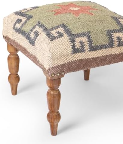 Handmade Jute Ottoman Stool with Wooden Legs | Square Upholstered Foot Rest & Accent Seating | Woven Vanity Stool for Living Room, Bedroom, Hall & Home Décor (Beige-Grey, 40X40X35 CM)