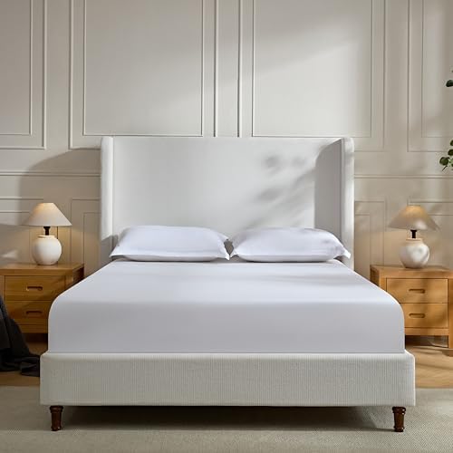Queen 54" Tall Headboard Wingback Upholstered Platform Bed Frame Elegant Simplicity Chenille for Bedroom Strong Wood Slats Support No Box Spring Needed Easy Assembly No Noise Cream White