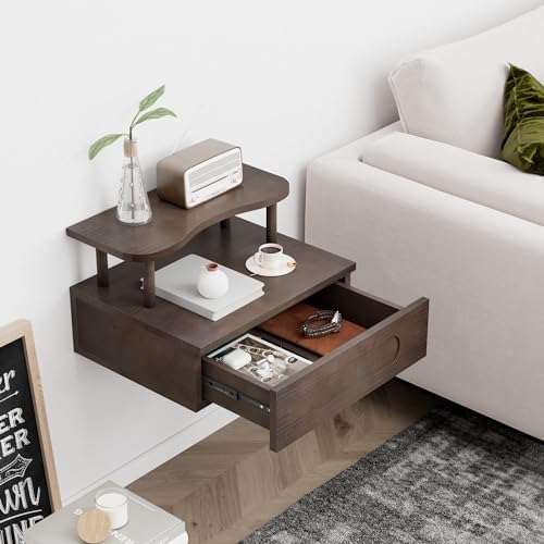 Floating Nightstand with Drawer - Brown Nightstand Floating Bedside Table, 2-Tier Wooden Bedroom Shelves for Wall, Morden Wall Mounted Nightstand for Bedroom, Bathroom, Study Room
