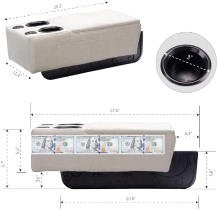 Removable Sofa Armrest, Dual Cup Holders Large Size Multifunctional Couch Caddy Storage Arm Rest with Power Wireless Charging Stand & LED Reading Light for Sofa Middle Seat Parts