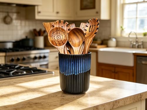 Large Stoneware Kitchen Utensil Holder for Kitchen Counter & Countertop Cooking Utensil Holder Spatula Holder Utensil Crock for Kitchen Counter Vertical Ribbed Fluted Stripe (Royal Blue)