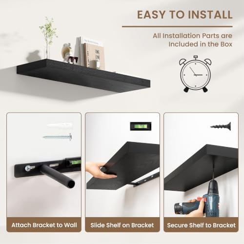 Dreamland 55 Inches Wall Mounted Wood Floating Shelves, Black, 2 Pack