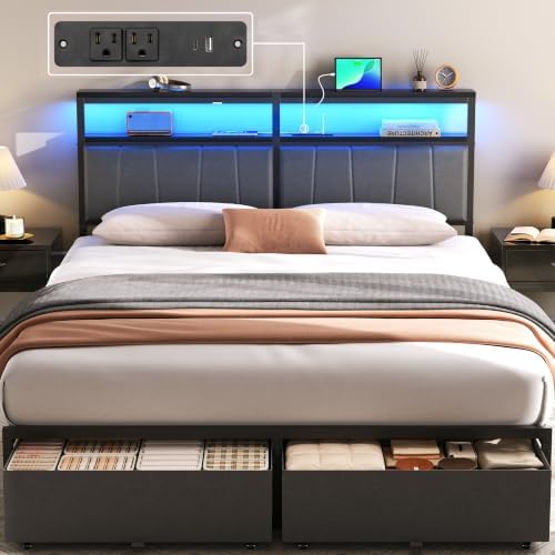 Queen Bed Frame with Storage Drawers and Charging Station, Grey