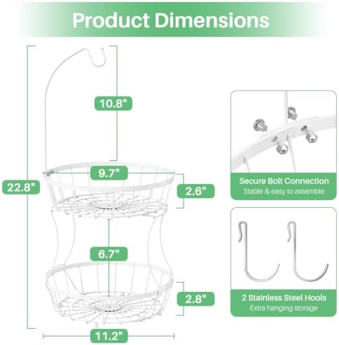 SAYZH 2-Tier Large Fruit Basket Bowl for Kitchen Counter with Banana Hanger