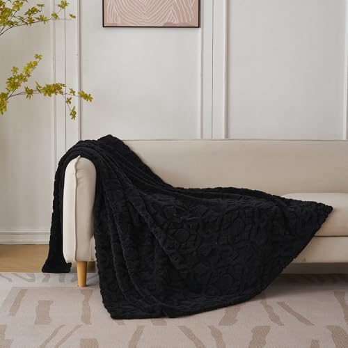 Home Fleece Throw Blanket for Couch, Bed, TV, Party, and Gift - 3D Jacquard Decorative Blankets - Cozy Soft Lightweight Fuzzy Flannel Blanket, All Seasons, 50x70 Inches, Light Black
