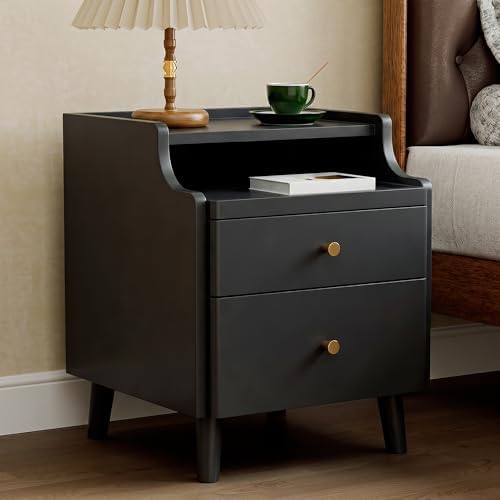 Nightstand with Drawers, Pre-Assembled, 19.7" H Natural Solid Wood Night Stand with Open Sliding Shelf, Mid Century Modern Small Bedside Table Cabinet for Bedroom, Black 16"