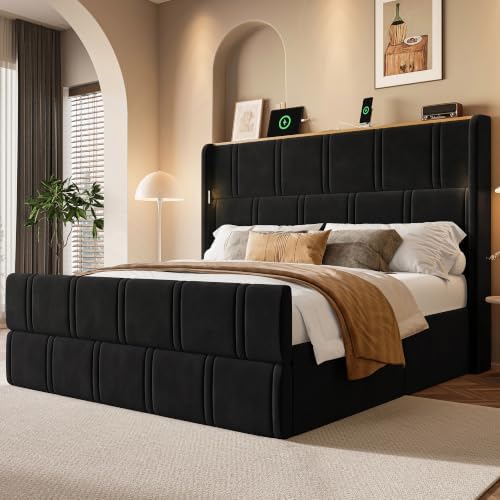 LARMACE 55.1" Tall Headboard King Size Bed Frame, 2 Reading Lights, Black