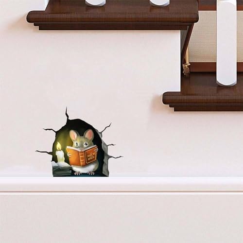 Micesterpiece 3D Mouse Reading Book in Mouse Hole, Cracked Wall, Decal Sticker, Removable Wall Decor, Book Lover Gift Idea, Baseboard, Wall Sticker Decal, 001CRACKS