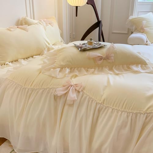 SOUKECHY Lace Ruffled Bedding Bow Duvet Cover Set with Butterfly Tie, Soft Brushed Microfiber Shabby Chic Bedding Set with Zipper Closure-Yellow,Queen Size