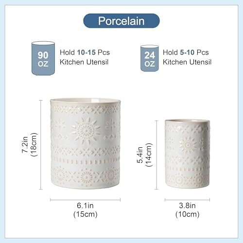 LOVECASA Ceramic Utensil Holder Set of 2, 7.2'' & 5.4'' Kitchen Crocks