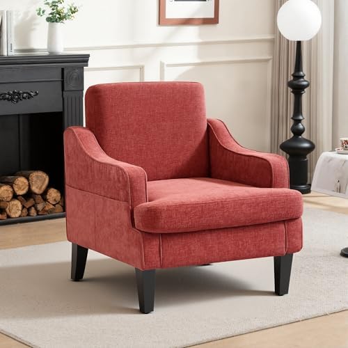 Accent Chair for Living Room,Mid-Century Arm Chair Chenille Fabric Living Room Chairs,Upholstered Reading Chair for Bedroom,Single Sofa Chair with Wood Legs for Apartment (Orange)