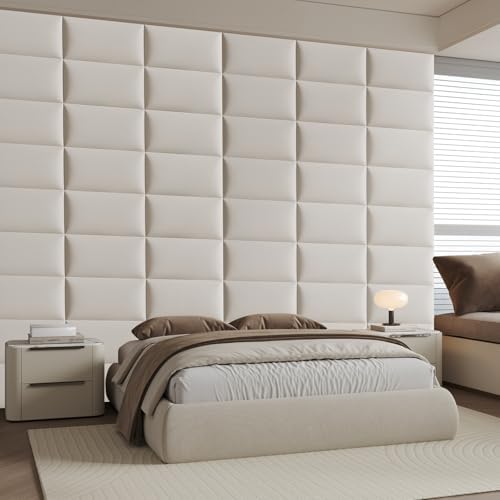 9-Piece Floating Headboard Kit - White Peel and Stick Wall Mount Headboard for Queen Size Bed, Upholstered Bed Backboard, 24" x 12" Panels, Artificial Leather