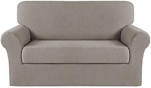 Turquoize Stretch Sofa Slipcover 2 Pieces Sofa Cover Couch Cover for 2 Cushion Couch Washable Furniture Protector Covers with Elastic Bottom Feature Thick Jacquard Fabric (Loveseat, Taupe)