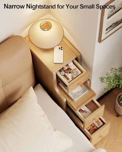 Solid Wood Narrow Nightstand with 3 Drawers,Modern Natural,Fully Assembled