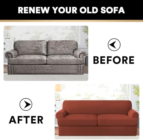 PrinceDeco T Cushion Sofa Slipcover 3 Pieces Sofa Covers for T Cushion Couch Soft Couch Covers Sofa Slip Cover Furniture Covers with 2 Individual T Shape Seat Covers (70"-88") Washable,Rust