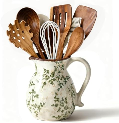 Ceramic Countertop Utensil Holder, 6.1 Inch Vintage Farmhouse Floral Crock