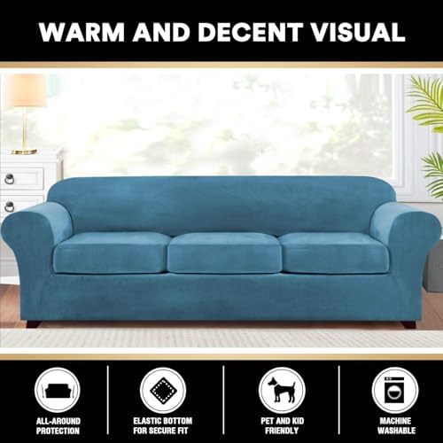 PrinceDeco Velvet Couch Covers for Sofa Soft 4 Pieces Couch Covers for 3 Cushion Couch Sofa Pet Friendly Furniture Protector with Non Slip Elastic Bottom Width Up to 97 Inch (Large Sofas, Blue)