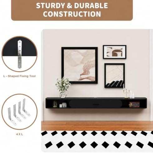 GHC Floating TV Stand, 75'' Wall Mounted TV Cabinet, Floating Shelves with Door, Media Console for DVD Player, Space-Saving Under TV Shelf for Bedroom & Living Room (Black)