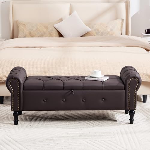 Storage Bench 51" Faux Leather End of Bed Benches Dark Brown