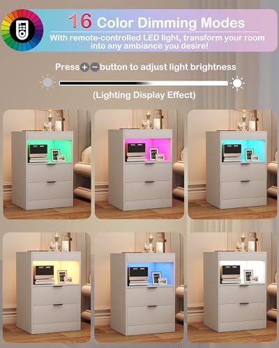 Yusong Night Stand, LED Nightstand with Charging Station, White