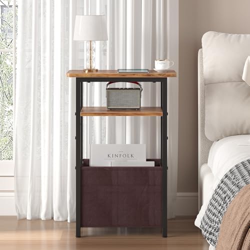 sthmec Narrow Side Table, Skinny End Tables with Fabric Basket, Small Side Tables for Small Space, 2-Tier Open Shelves with Basket, Slim Nightstands for Bedroom,Living Room,Office, Rustic Brown