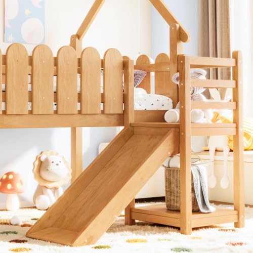 Bellemave Low Loft Bed Twin with Slide and Lights Strip for Kids, Natural