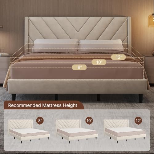 Yaheetech King Bed Frame with Chevron Channel-Tufted Headboard, Beige