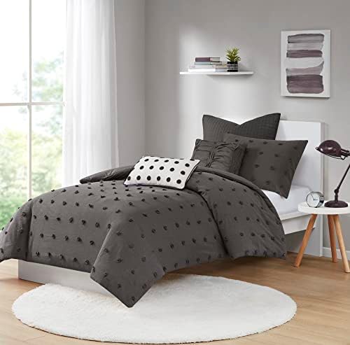Intelligent Design Duvet Set 100% Cotton Jacquard, Tufts Accent, Shabby Chic All Season Cover for Comforter, Matching Shams, Decorative Pillows, Twin/Twin XL (68 in x 92 in), Charcoal 5 Piece