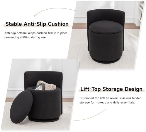 MINCETA Vanity Chair with Storage, 360° Swivel Accent Chair, Black