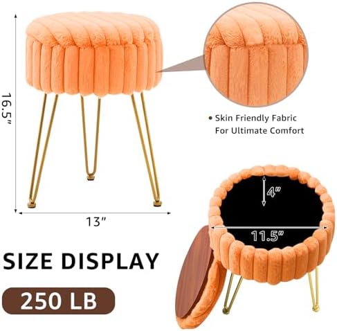 Wimarsbon Vanity Stool with Storage, Faux Fur Ottoman Chair with Metal Legs