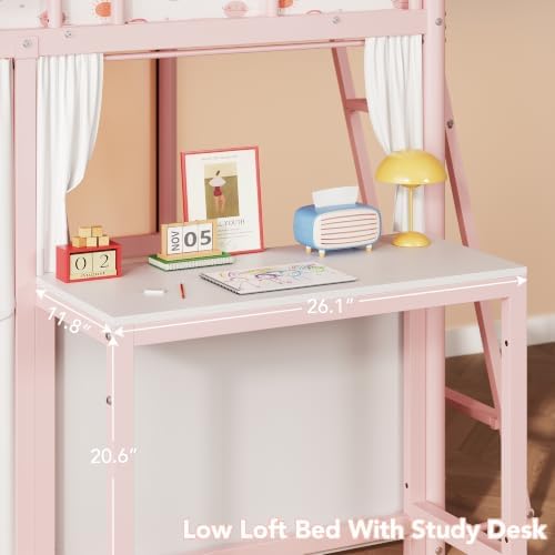 Twin Low Loft Bed with Desk & 4 Storage Drawers, Smart LED Lights, Pink