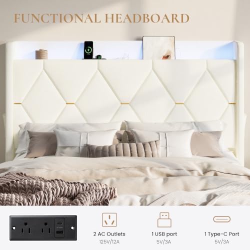 SHA CERLIN Full Size Bed Frame with Storage Drawer & LED Lights, Cream
