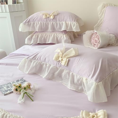 IHOUSTRIY Duvet Cover Twin Size, Ruffle Beddding Set with Bowtie, 2 Pieces Comforter Cover Set with Zipper Closure, Girl Princess Bedding with Pillowcase - Light Purple, Twin
