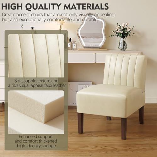 VIRRMO Armless Accent Chairs Set of 2 Upholstered Dining Chairs Living Room Chairs with Solid Wood Legs Bedroom Chair Leather Reading Chair Comfy Chair for Bedroom Vanity Kitchen (Beige)