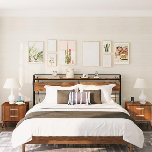 HOOBRO King Size Headboard, Headboard with 2 Outlets and 4 USB Ports, Adjustable Height, Storage Rack, Sturdy and Stable, Easy Assembly, Rustic Brown and Black