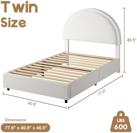 REVOMINCA Twin Size Bed Frame, Boucle Upholstered Platform Bed with Headboard, Cloud Bed Frame with Soft Rounded Corners, No Box Spring Required, Easy Assembly, White