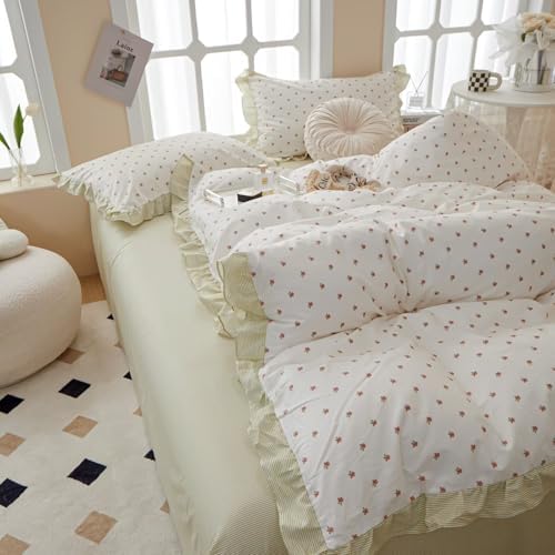 Floral 100% Cotton Duvet Cover Set Full Size Garden Style Bedding Set Ruffle for Teen Girls,Soft Comfy Quilt Covers,3 Pieces(1 Duvet Cover with 2 Pillowcases),Zipper & Corner Ties