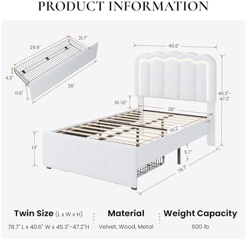 SHA CERLIN Twin Size Bed Frame with LED Lights and Storage Drawer, White
