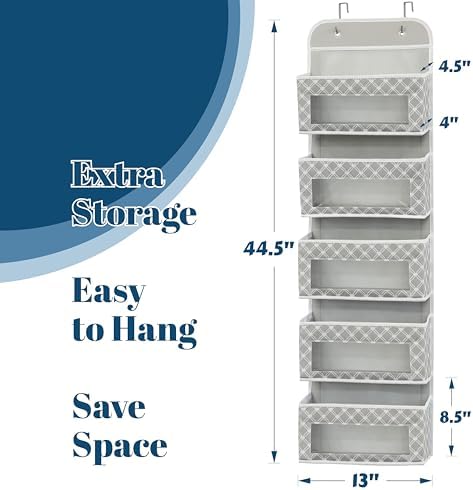 Simple Houseware 5 Clear Window Pocket Over Door Hanging Organizer, Gray