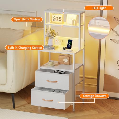 Furnulem White Nightstand, Tall Night Stand with Charging Station