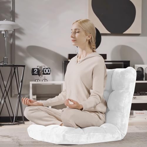 S AFSTAR Cushioned Floor Chair, 14-Position Adjustable Padded Lazy Recliner with Comfortable Back Support and Skin-Friendly Cover, Great for Reading, Playing Game, Meditating (White)