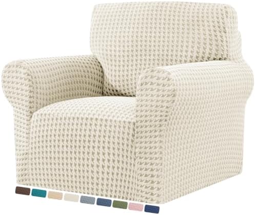 ZNSAYOTX 1 Piece Stretch Chair Slipcover with Arms (34"-44") New-Houndstooth Texture, Thick Armchair Covers for Living Room Universal Chair Slip Cover with Elastic Bottom & Buckle, Beige