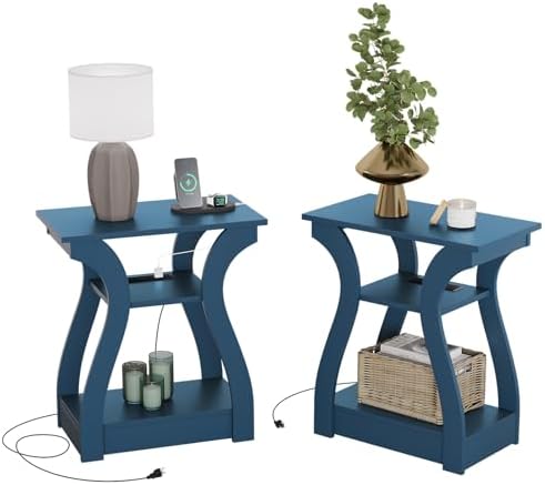 FROMJBEST End Tables Living Room Set of 2 with Charging Station, Navy Blue