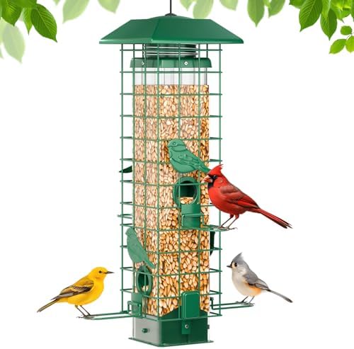 Squirrel Proof Bird Feeder, Metal Bird Feeders for Outdoors Hanging, Weight Activated, 3Lb Capacity, 4 Ports, All-Weather Tube Bird Feeder for Outside, Cardinal Finch Bluebird Wild Bird Feeder
