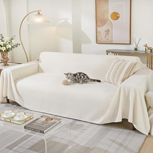 MEETSKY Couch Cover for 3 Cushion Cat Scratch Proof Couch Protector Washable Non Slip Sofa Covers Sectional Couch Covers for Dogs Soft L Shape Sofa Slipcover for Pets Kids, 91" x 134", Creamy White