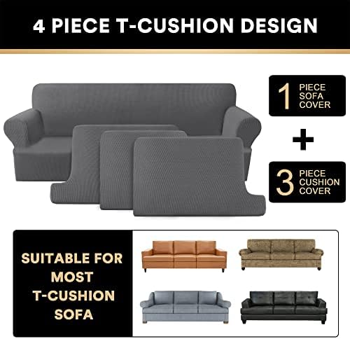 PrinceDeco T Cushion Sofa Slipcover 4 Pieces Sofa Covers for T Cushion Couch Soft Sofa Slip Covers Furniture Protector with 3 Individual T Shape Seat Covers (70"-88") Washable, Grey