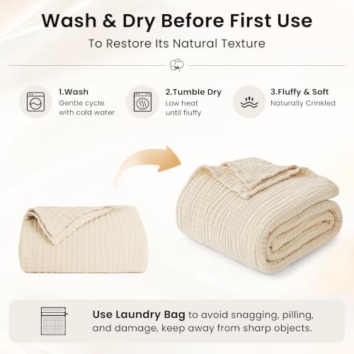 Love's cabin 100% Cotton Muslin Blanket King Size for Bed, Beige