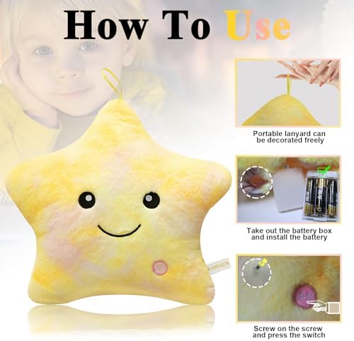Glow Stuffed Animal Star Pillow for Kids Pillows Decorative Toy Boys Girls Plushies Children Christmas Birthday Gifts, Growing Star Plush Pillows Bed Room Home Pink Yellow